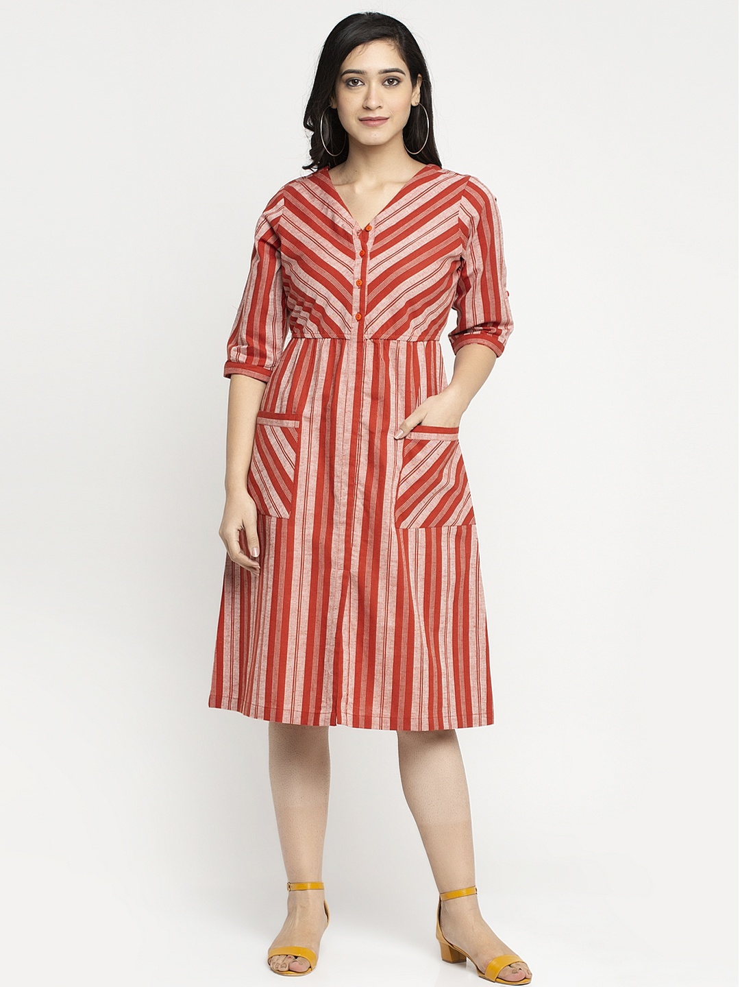 

Ayaany Women Red Striped Fit and Flare Dress