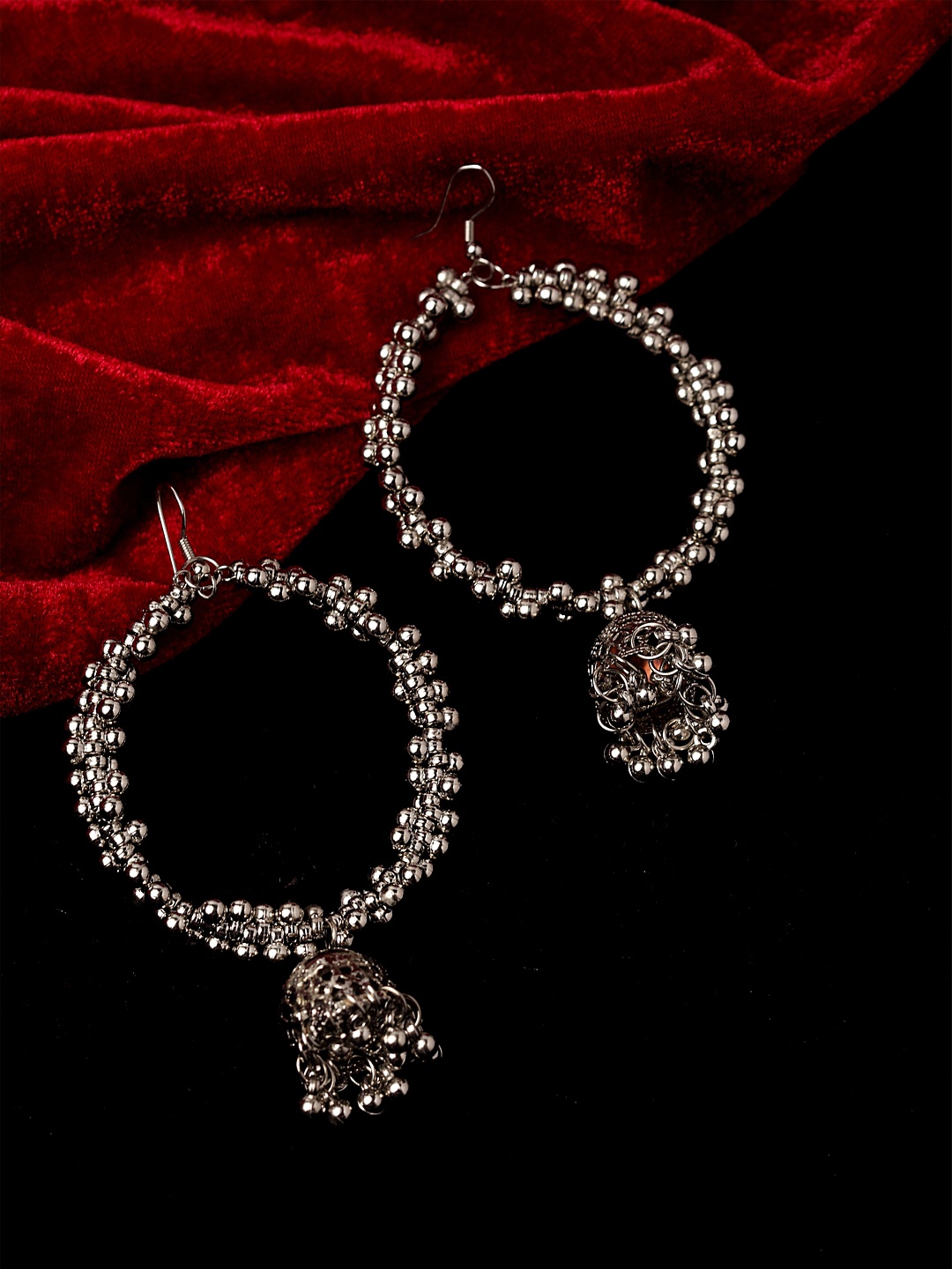 

PANASH Silver-Toned Oxidized Contemporary Jhumkas