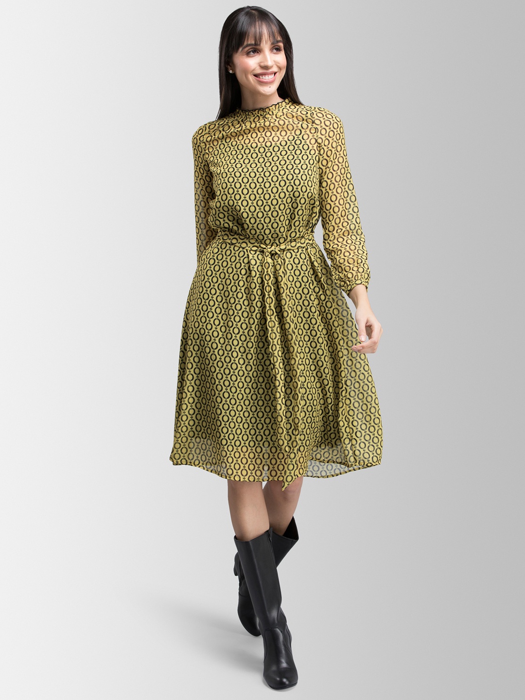 

FableStreet Women Yellow Printed A-Line Dress