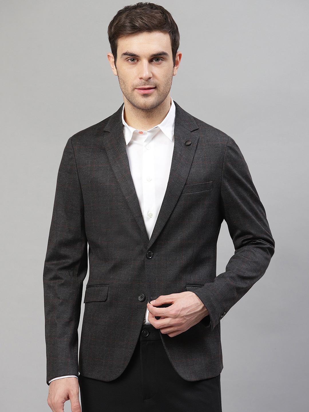 

LINDBERGH Men Grey Checked Slim-Fit Single-Breasted Formal Blazer