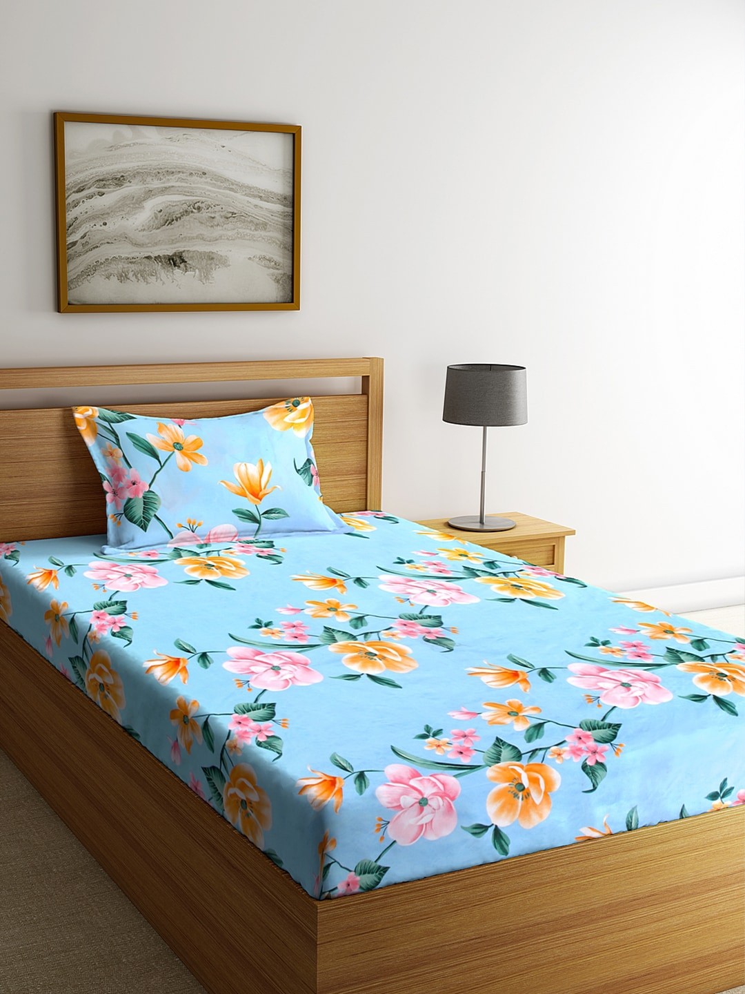 

KLOTTHE Blue & Orange Floral Print 210 TC Cotton Single Bedsheet with 1 Pillow Cover