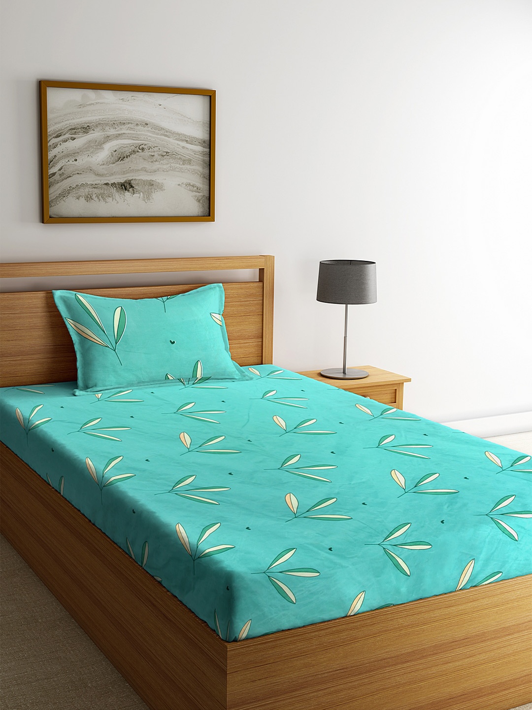 

KLOTTHE Turquoise Blue Floral Print Single Bedsheet With One Pillow Cover