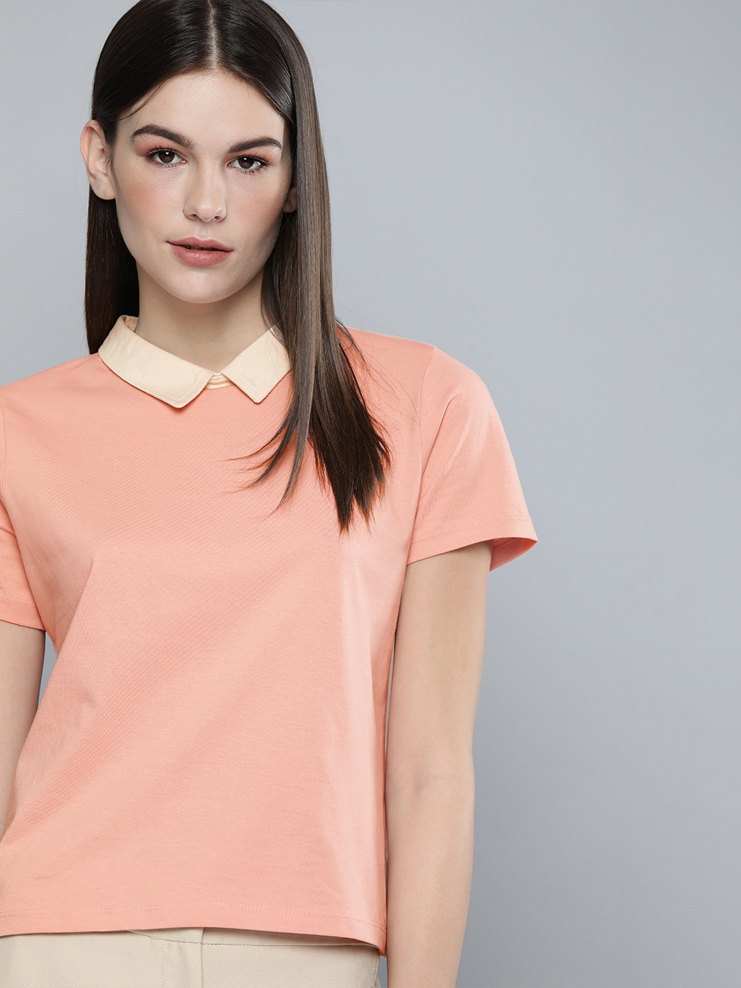 

Chemistry Women Peach-Coloured Solid Peter Pan Collar T-shirt