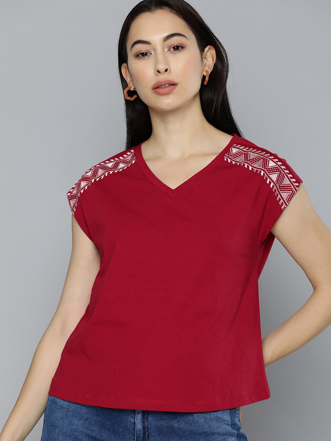 

Chemistry Women Red Solid V-Neck Pure Cotton T-shirt With Embroidery