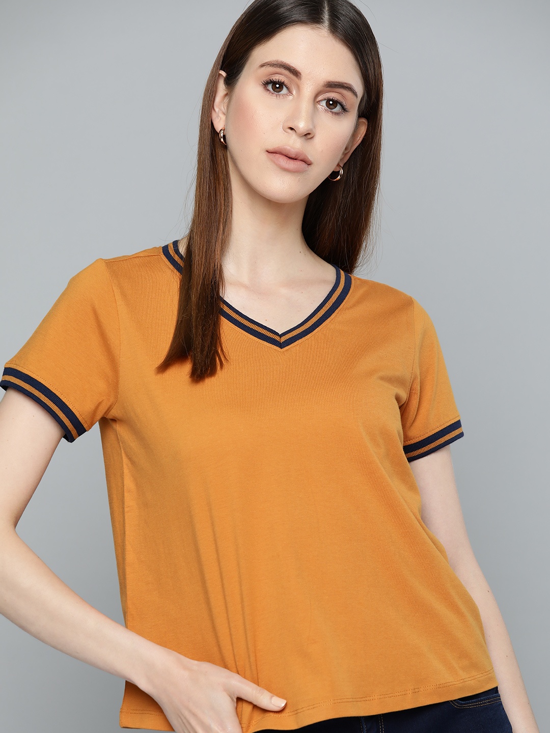 

Chemistry Women Mustard Yellow Pure Cotton Solid V-Neck T-shirt