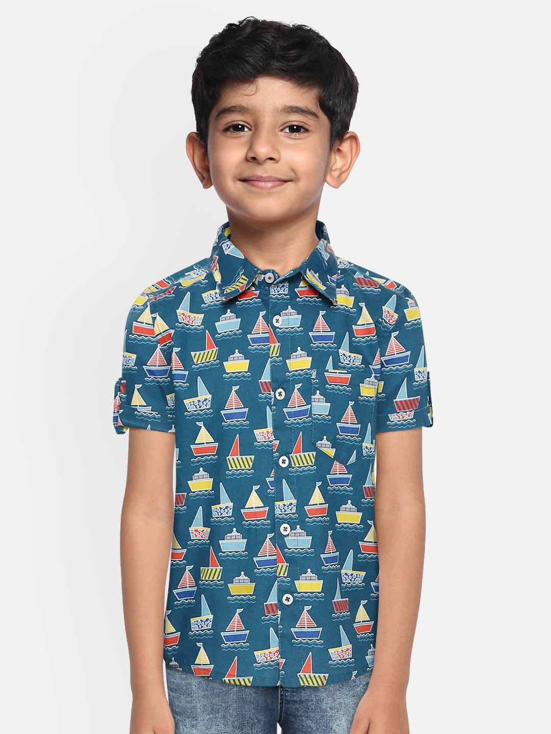 

YK Boys Teal Blue & Yellow Regular Fit Nautical Print Pure Cotton Casual Shirt