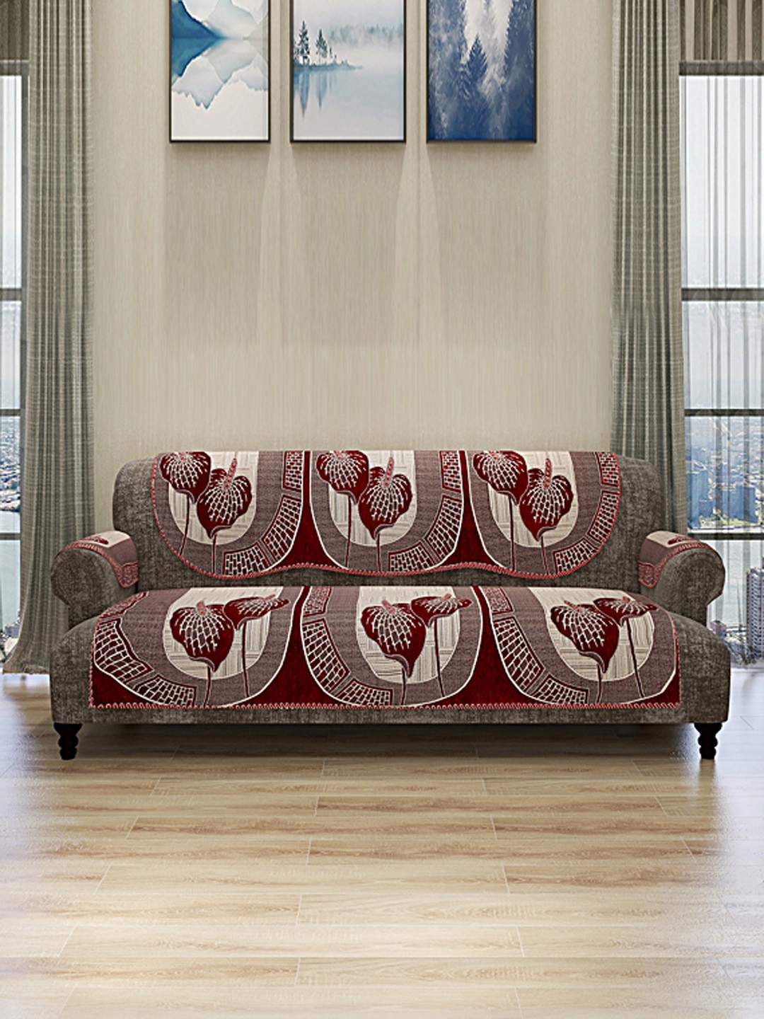 

ROMEE Set Of 12 Maroon & Beige Self-Design Sofa Covers