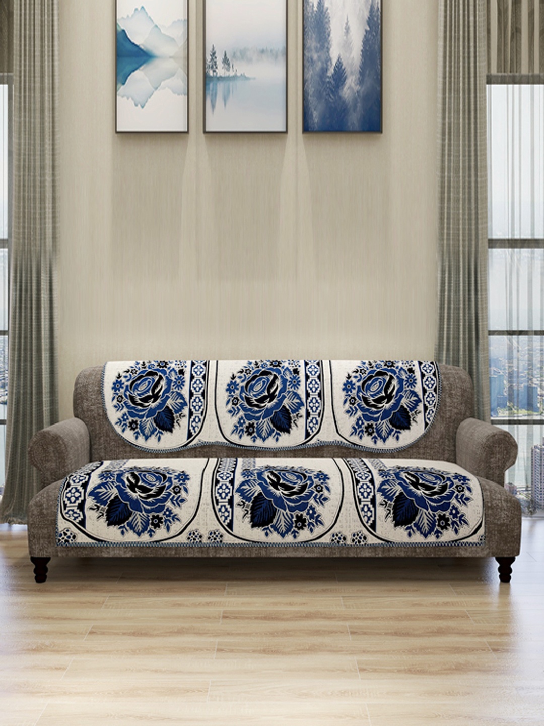 

ROMEE Set Of 6 Cream-Coloured & Blue Self-Design Sofa Covers