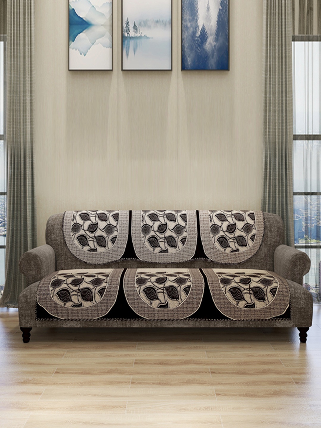 

ROMEE Set Of 6 Beige & Coffee Brown Self-Design Sofa Covers