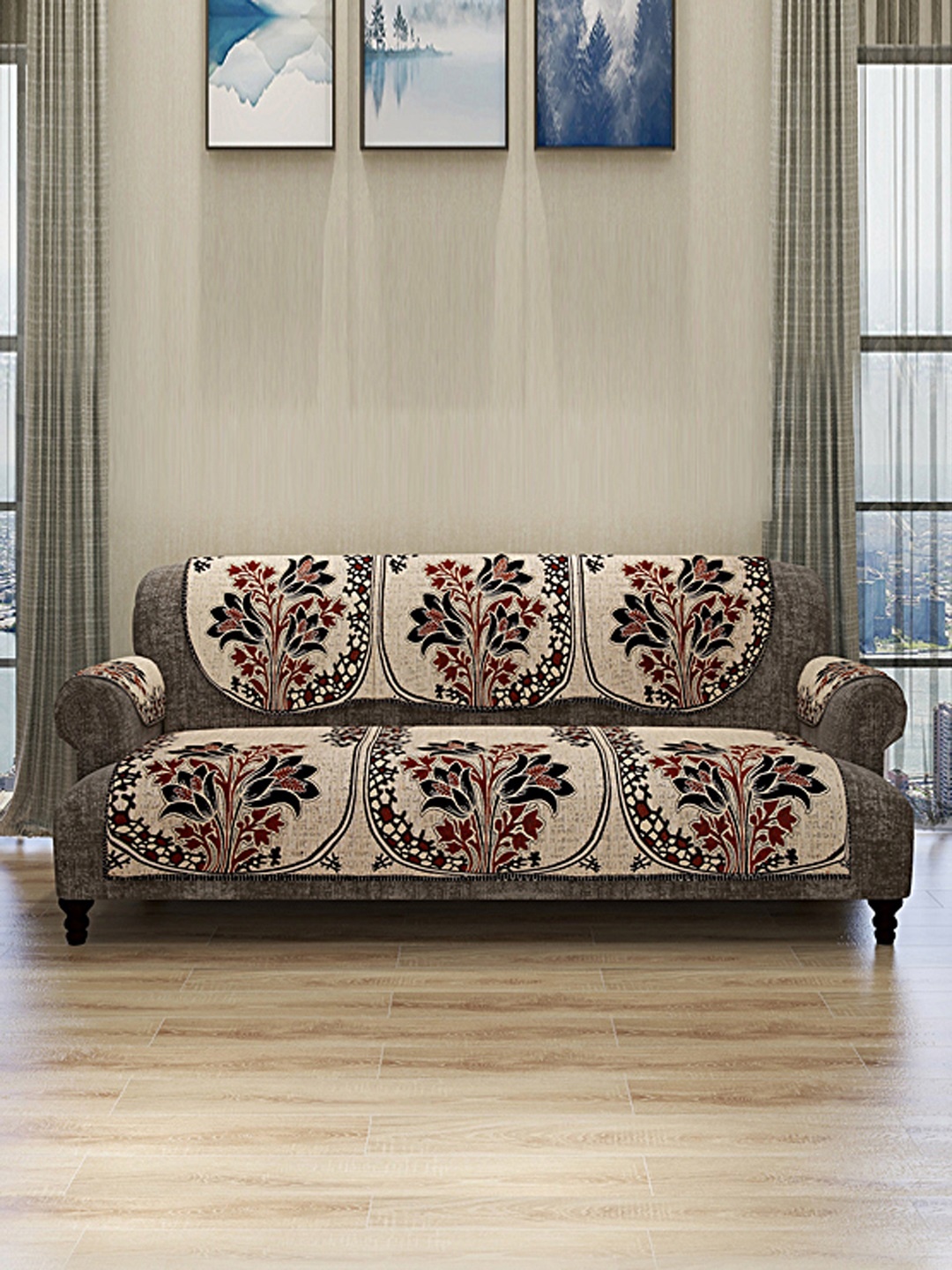 

ROMEE Set Of 12 Cream-Coloured & Maroon Self-Design Sofa Covers