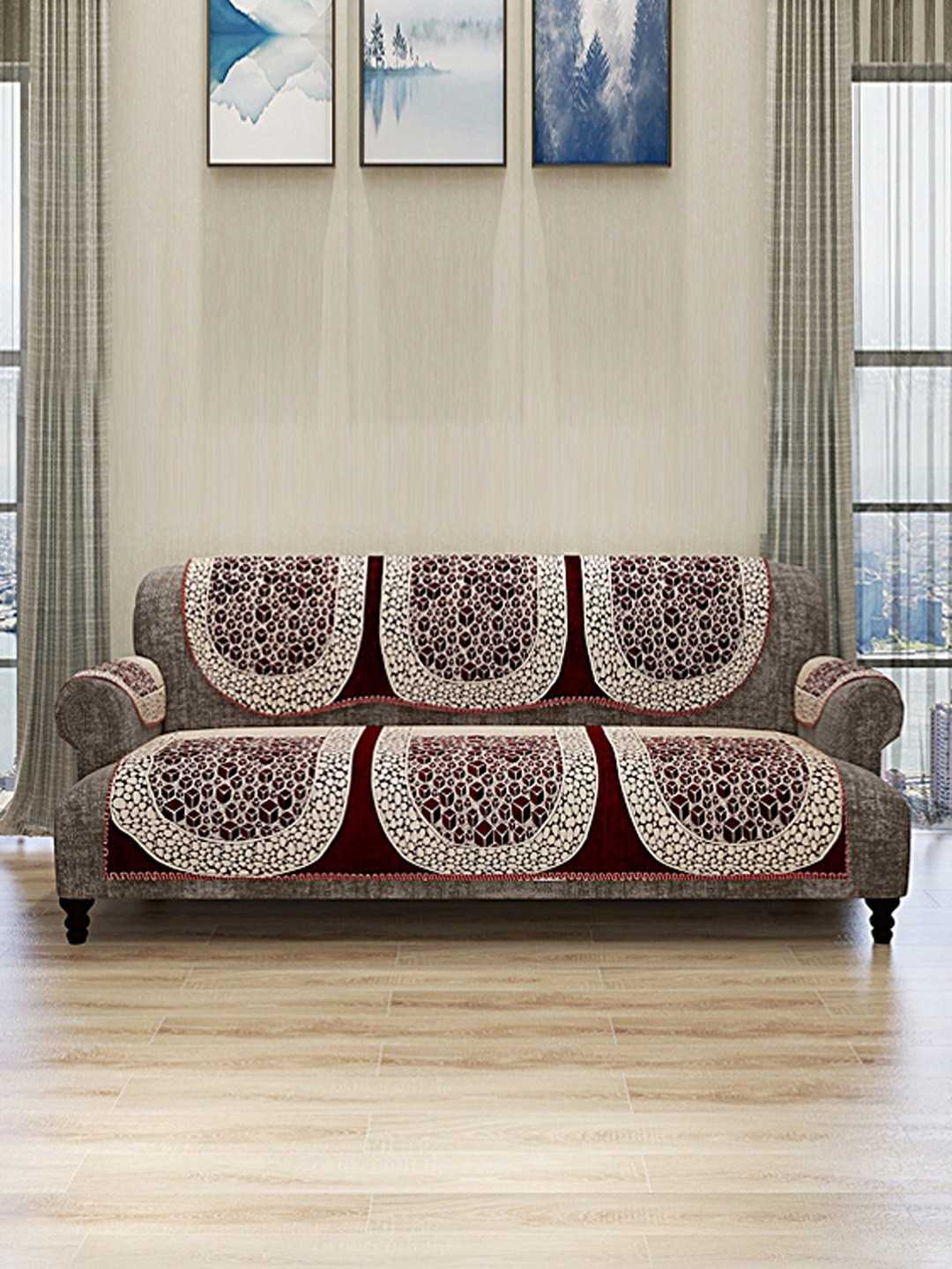 

ROMEE Set Of 12 Beige & Maroon Self-Design Sofa Covers