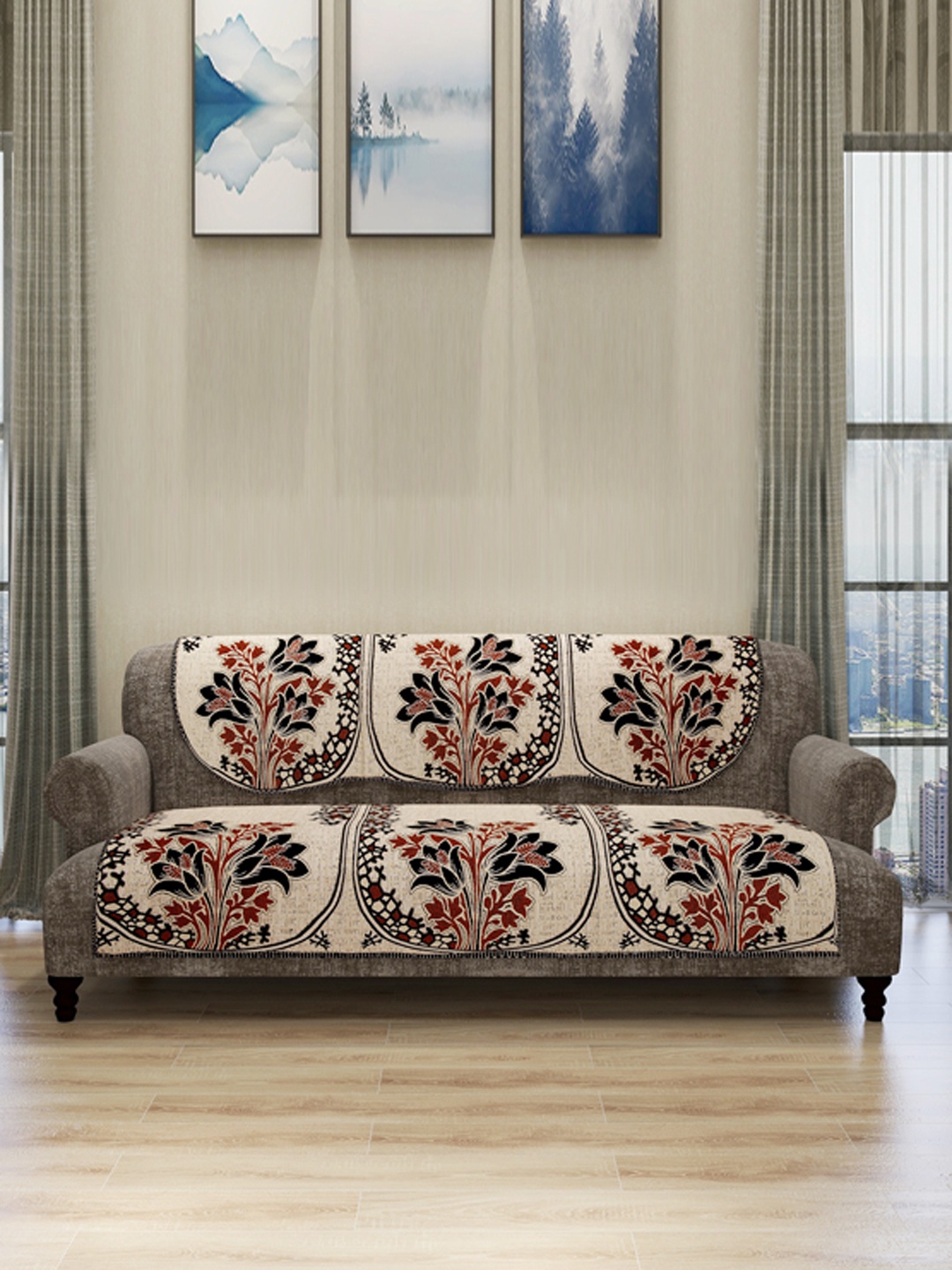 

ROMEE Set Of 6 Cream-Coloured & Orange Self-Design Sofa Covers