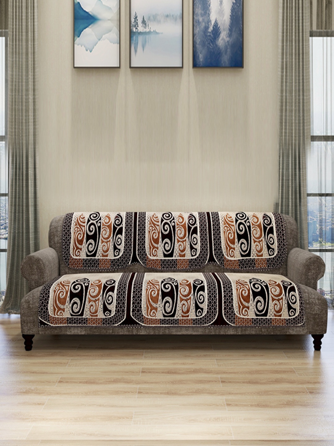 

ROMEE Set Of 6 Beige & Coffee Brown Printed 5-Seater Sofa Cover