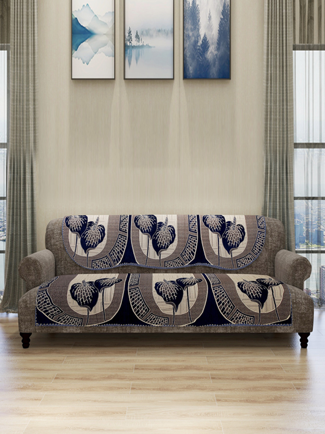 

ROMEE Set Of 6 Blue & Beige Self Design 5-Seater Sofa Cover