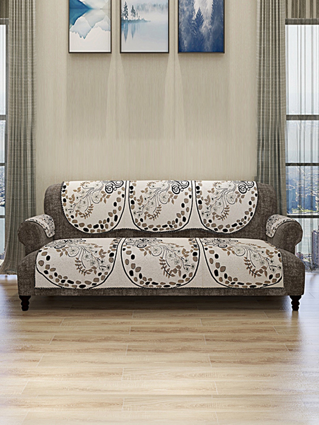 

ROMEE Set Of 12 Cream-Colored & Black Self Design 5-Seater Sofa Cover