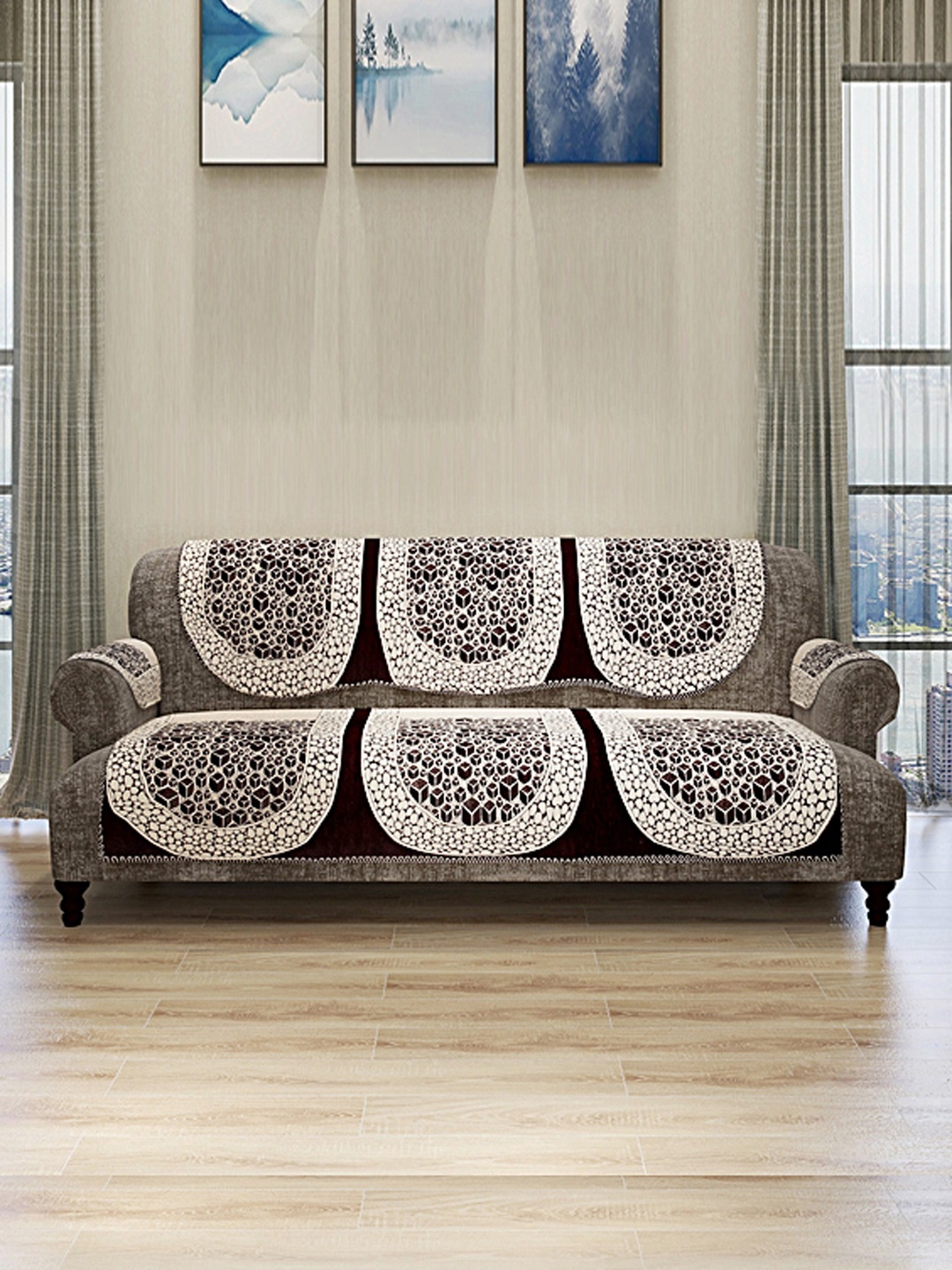 

ROMEE Set Of 12 Beige & Black Self Design 5-Seater Sofa Cover With 6 Arm Covers