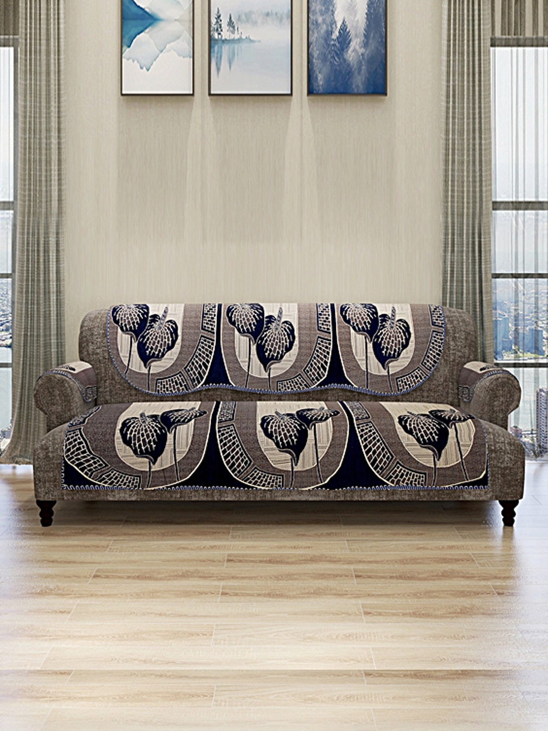 

ROMEE Set Of 12 Blue & Beige Self Design 5-Seater Sofa Cover With 6 Arm Covers