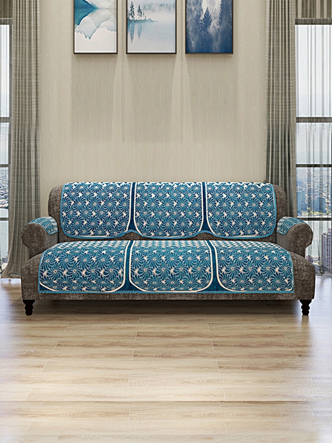 

ROMEE Set Of 12 Beige & Blue Self Design 5-Seater Sofa Cover With 6 Arm Covers