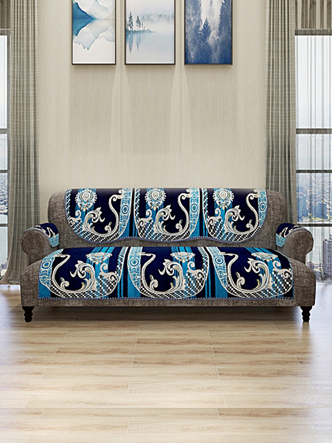 

ROMEE Set Of 12 Blue & White Self Design 5-Seater Sofa Cover With 6 Arm Covers