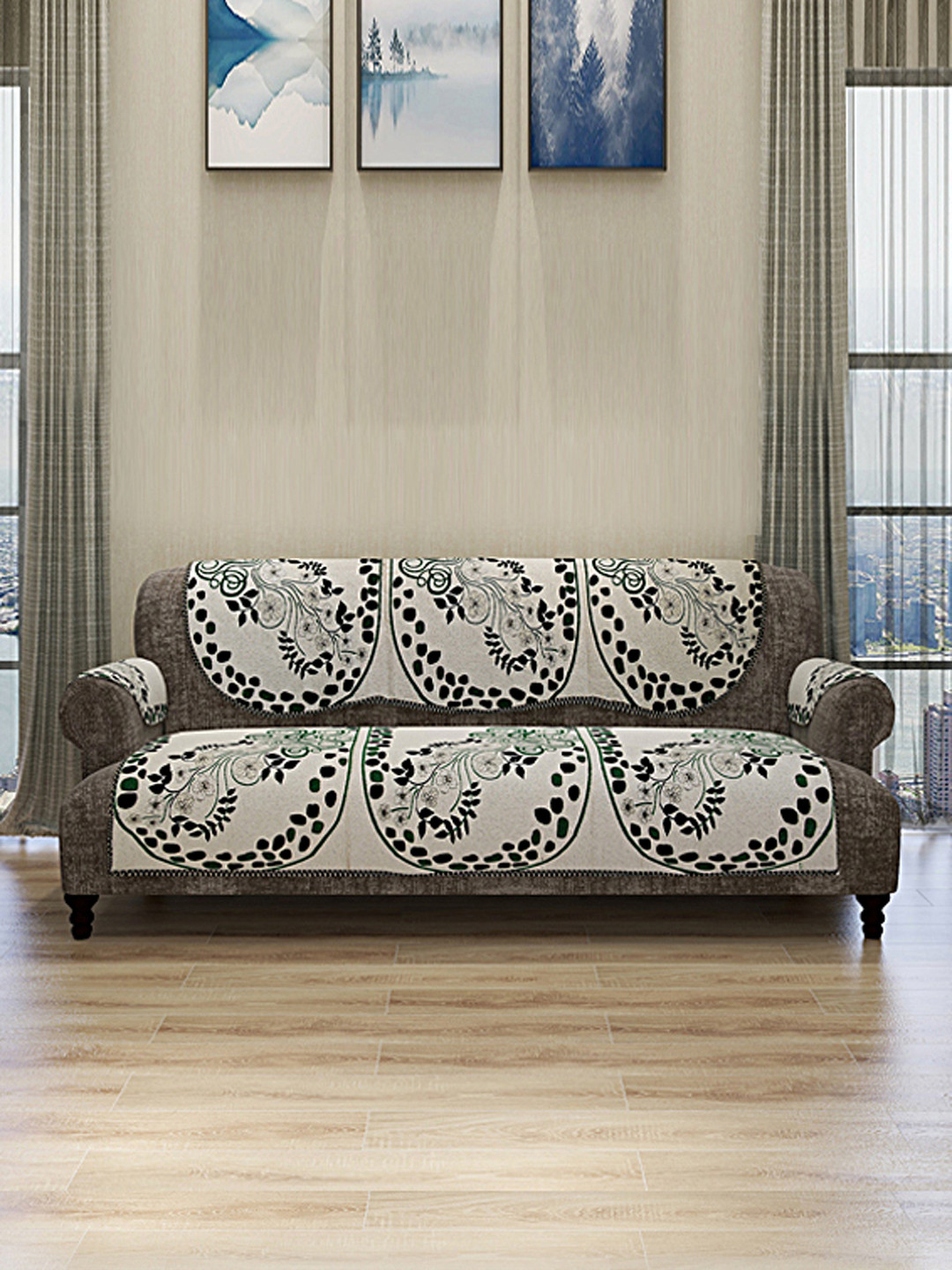 

ROMEE Set Of 12 Cream-Colored & Green Self Design 5-Seater Sofa Cover With 6 Arm Covers