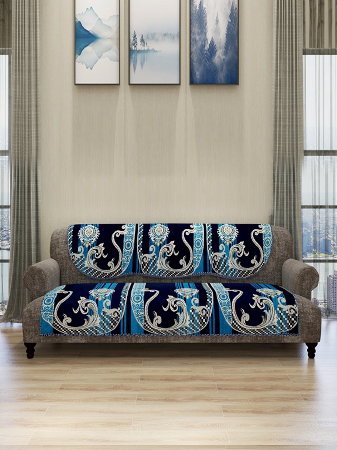 

ROMEE Set Of 6 Blue & White Self Design 5-Seater Sofa Cover