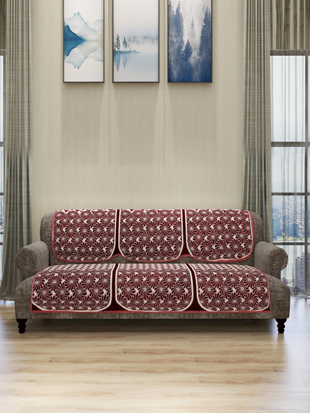 

ROMEE Set Of 6 Beige & Maroon Self Design 5-Seater Sofa Cover