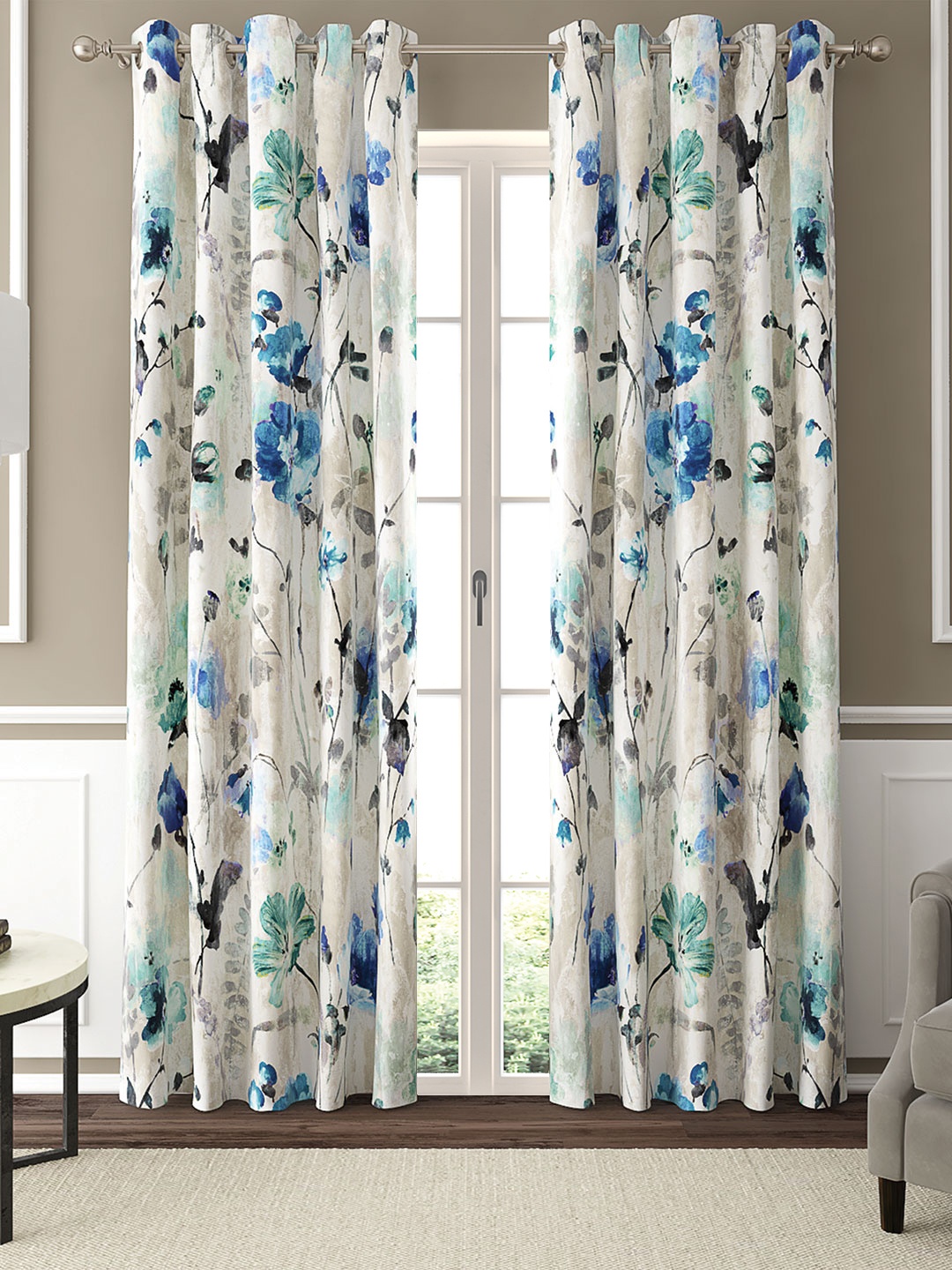 

GM Set Of 2 Blue & White Floral Printed Door Curtains