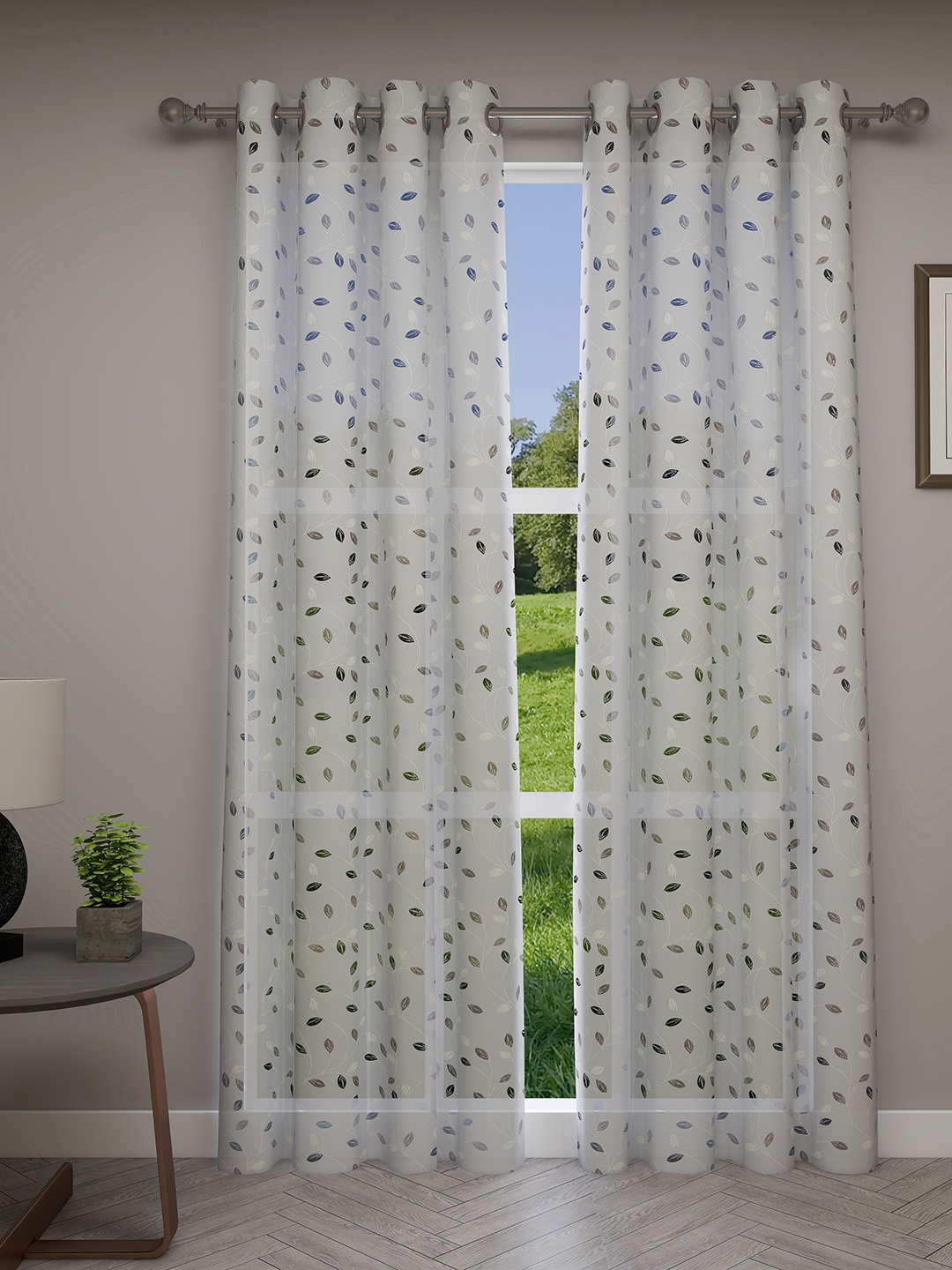 

GM Set Of 2 White & Black Floral Embroidered Sheer Door Curtains