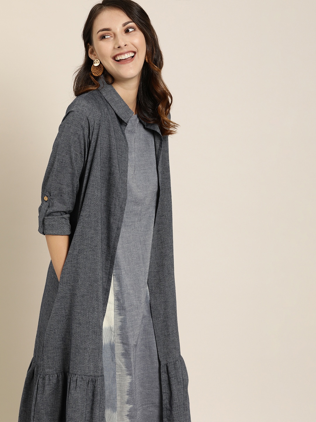 

Taavi Women Grey & Off-White Woven Legacy A-Line Kurta with Jacket