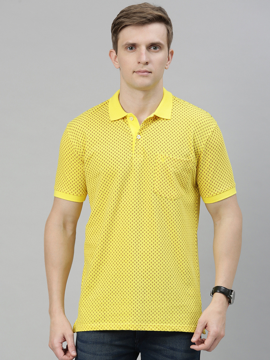 

Allen Solly Men Yellow Brown Printed Polo Collar Pure Cotton T-shirt