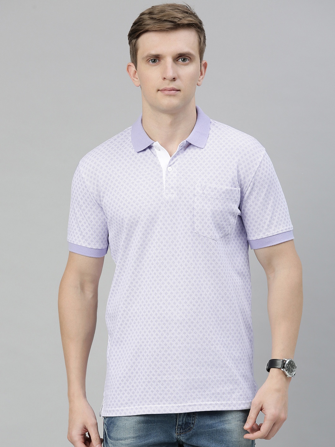 

Allen Solly Men Lavender Printed Polo Collar Pure Cotton T-shirt