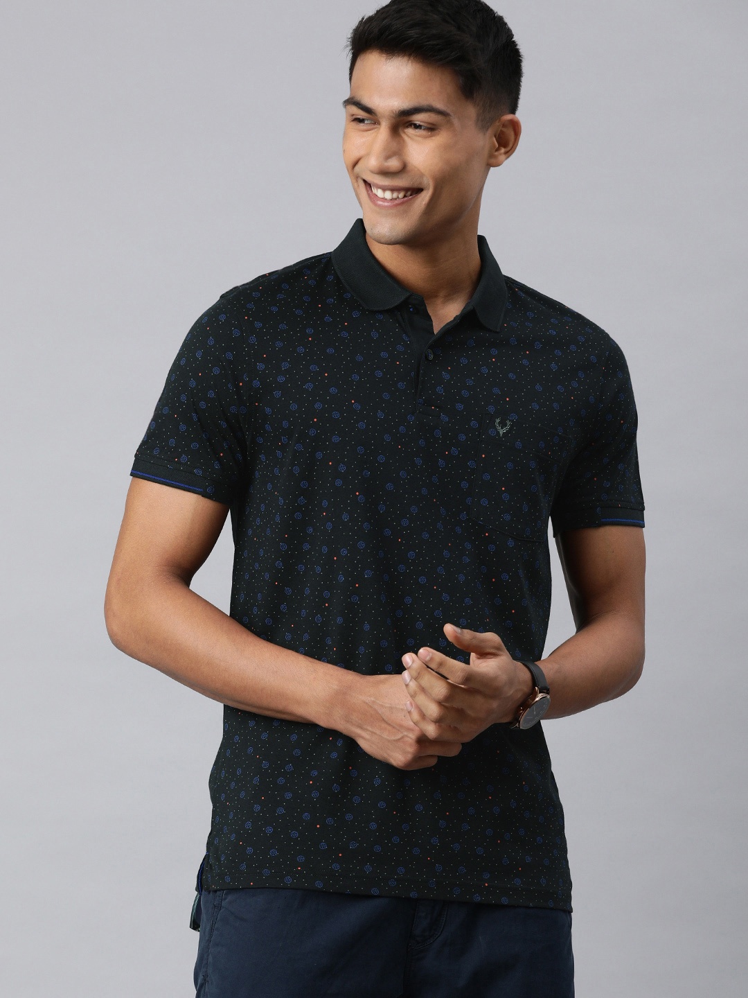 

Allen Solly Sport Men Black Printed Pure Cotton Polo Collar Pure Cotton T-shirt