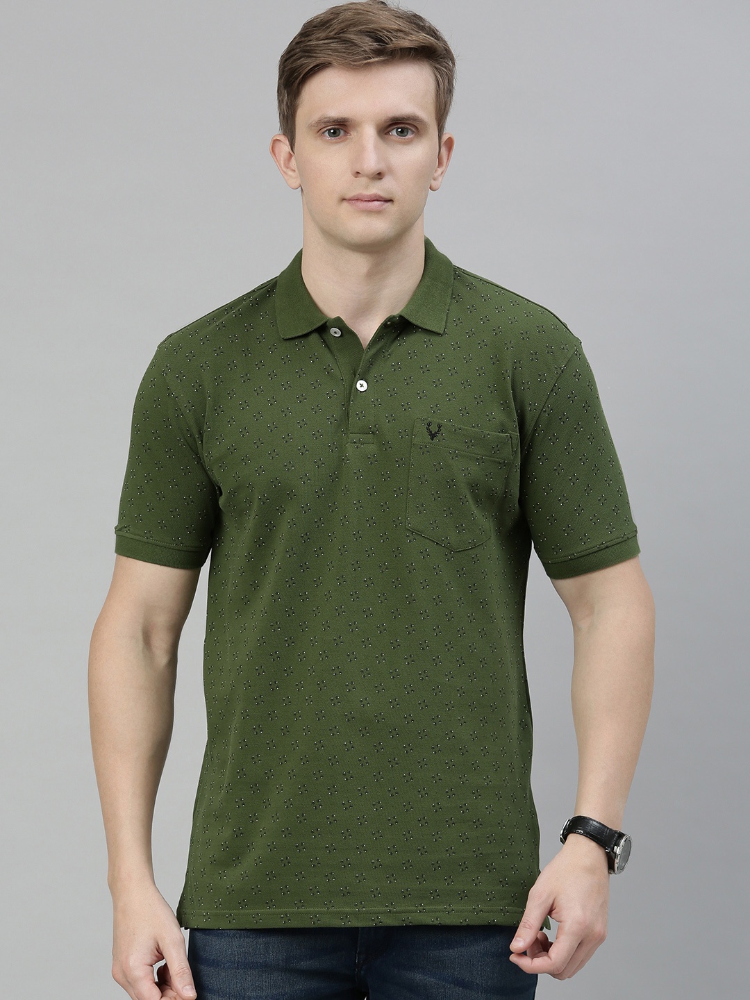 

Allen Solly Men Olive Green Black Printed Polo Collar Pure Cotton T-shirt