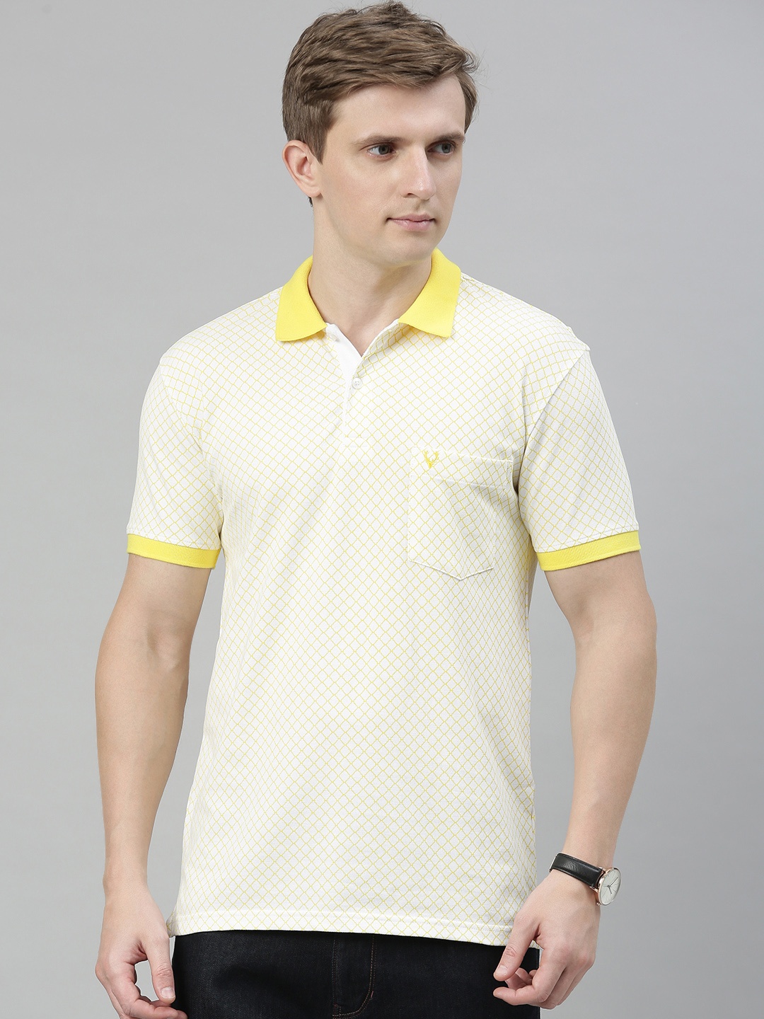 

Allen Solly Men White Yellow Printed Polo Collar Pure Cotton T-shirt