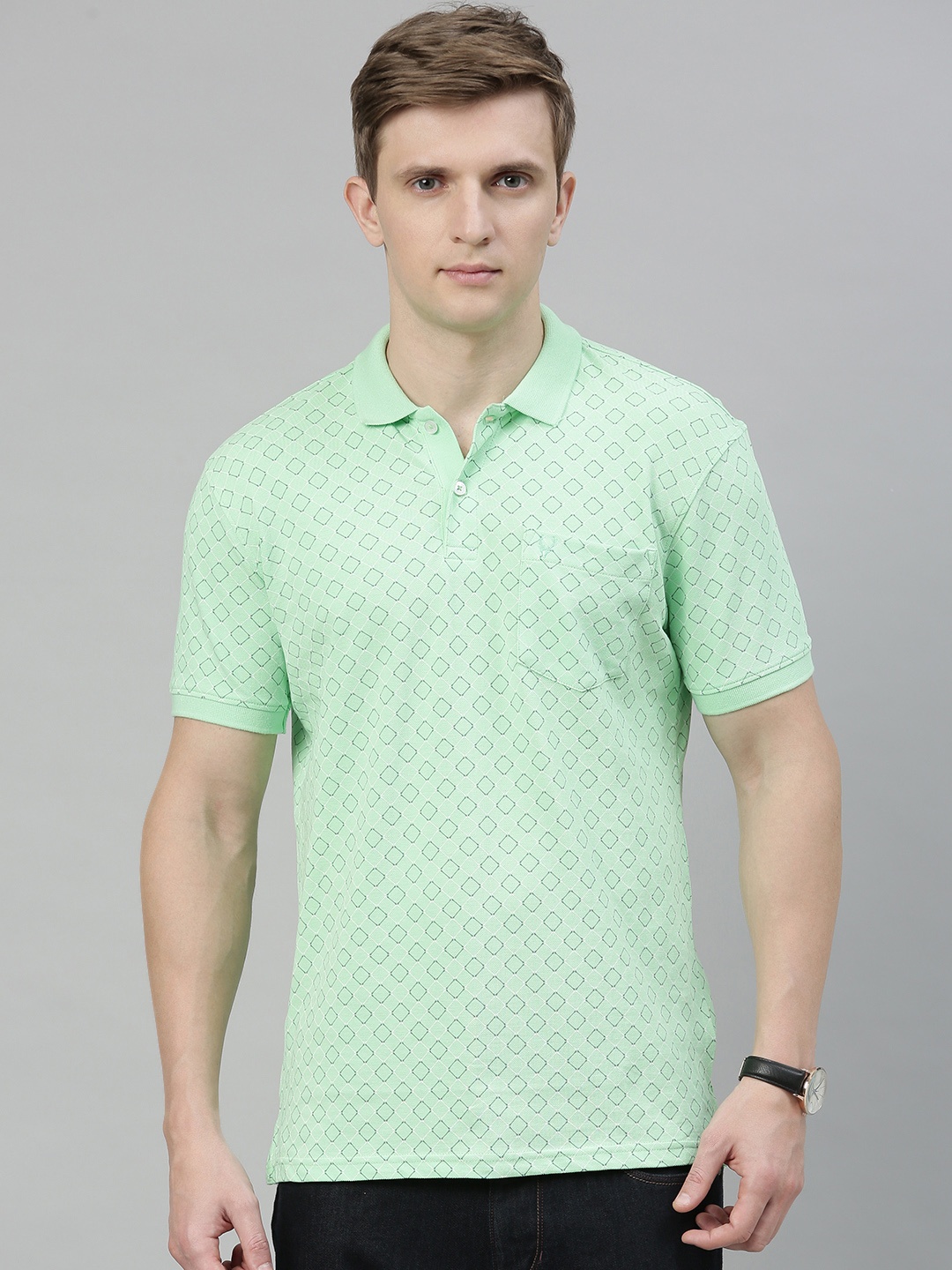 

Allen Solly Men Green White Printed Polo Collar Pure Cotton T-shirt