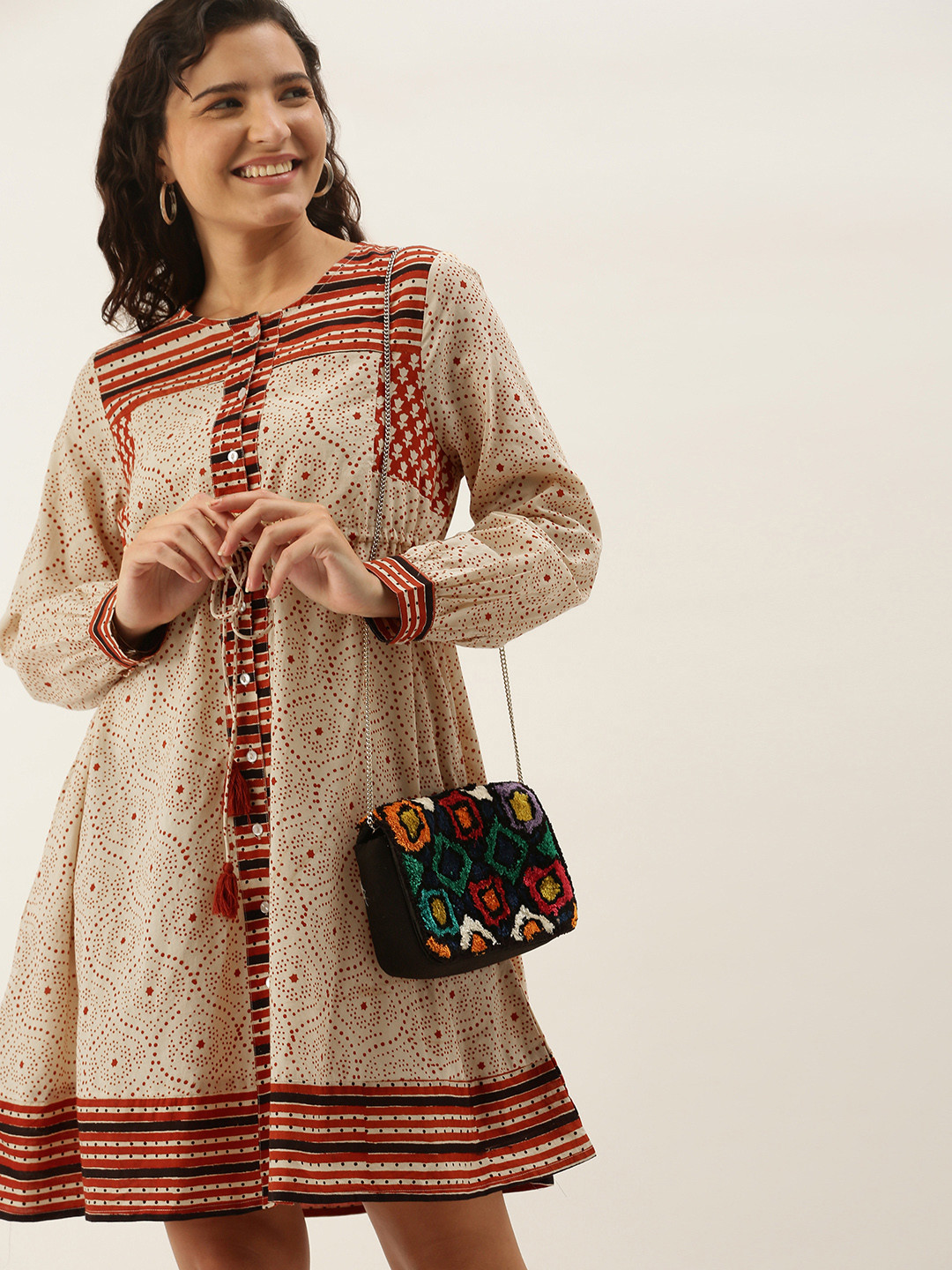 

Taavi Beige & Maroon Bagru Hand Block Printed Sustainable Ethnic Waist Tie-Up A-Line Dress
