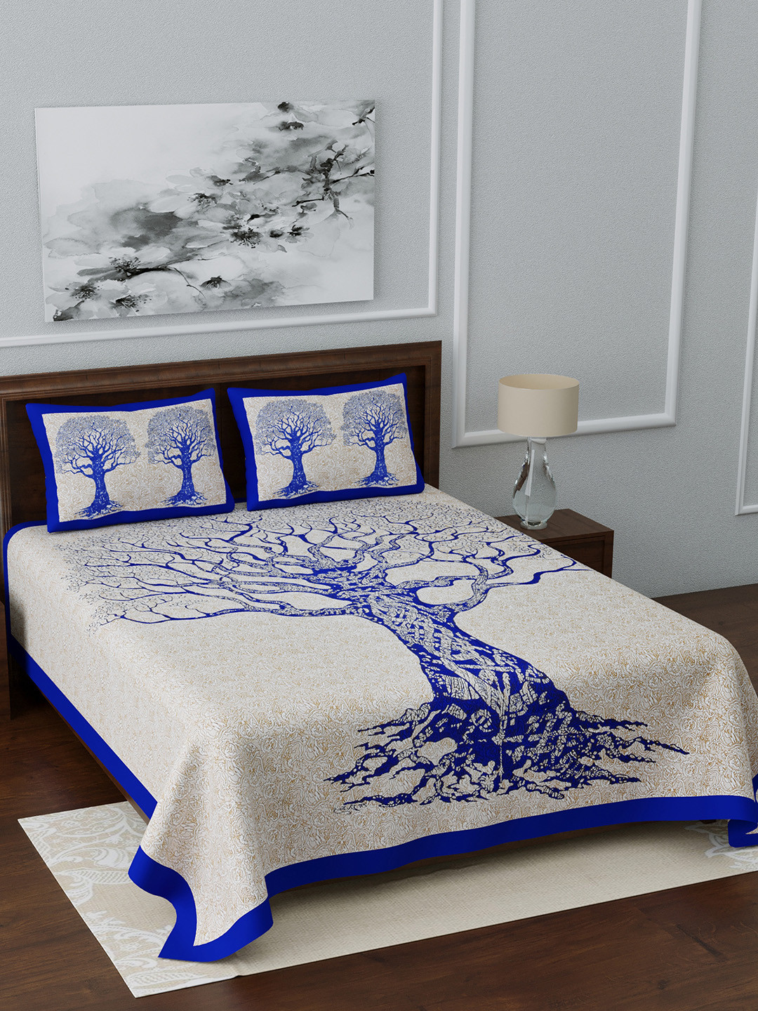 

LIVING ROOTS White & Blue Printed 144 TC Queen 1 Bedsheet With 2 Pillow Covers
