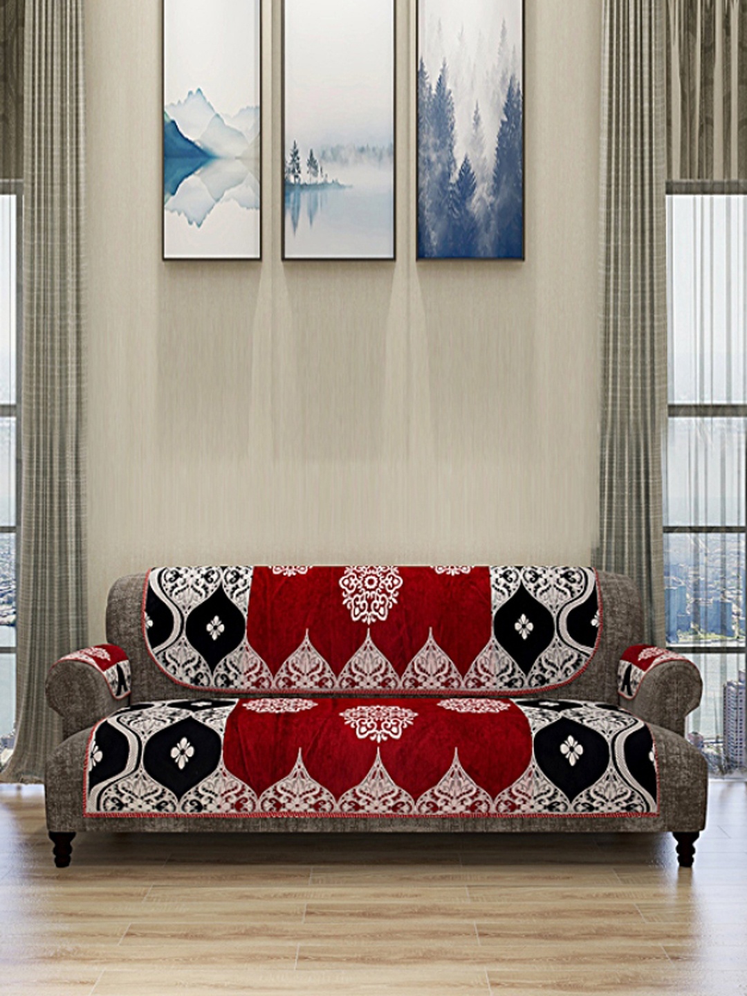 

ROMEE Set Of 12 Maroon & Black Self Design 5-Seater Sofa Cover With 6 Arm Covers