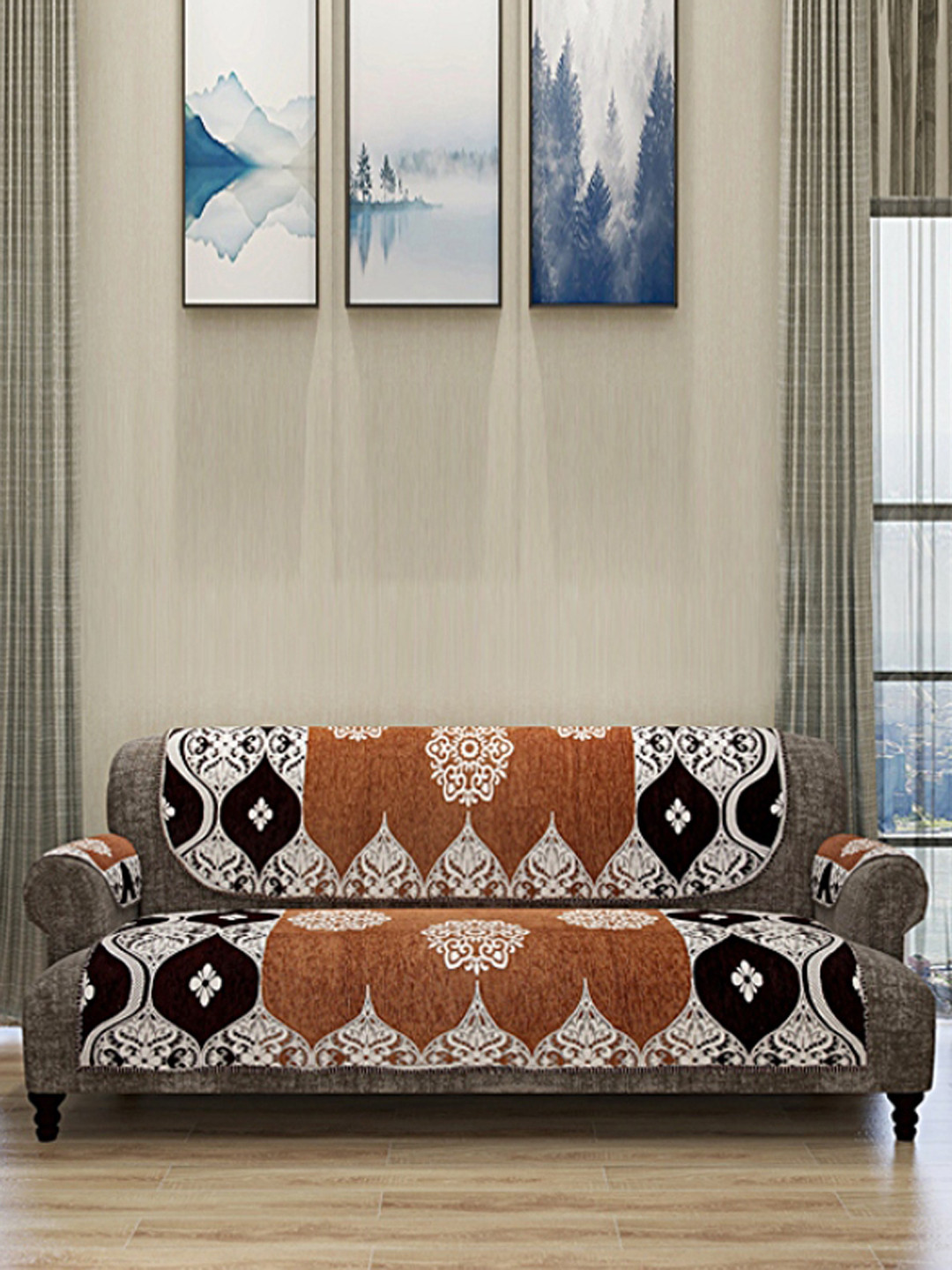 

ROMEE Set Of 12 Brown & Black Self Design 5-Seater Sofa Cover With 6 Arm Covers