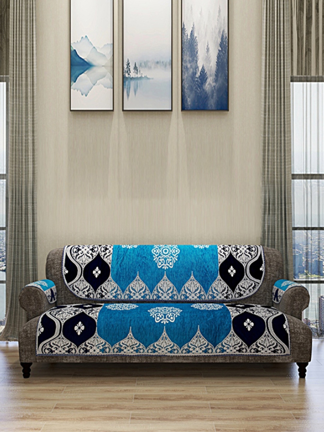 

ROMEE Set Of 12 Turquoise Blue & White Self Design 5-Seater Sofa Cover With 6 Arm Covers