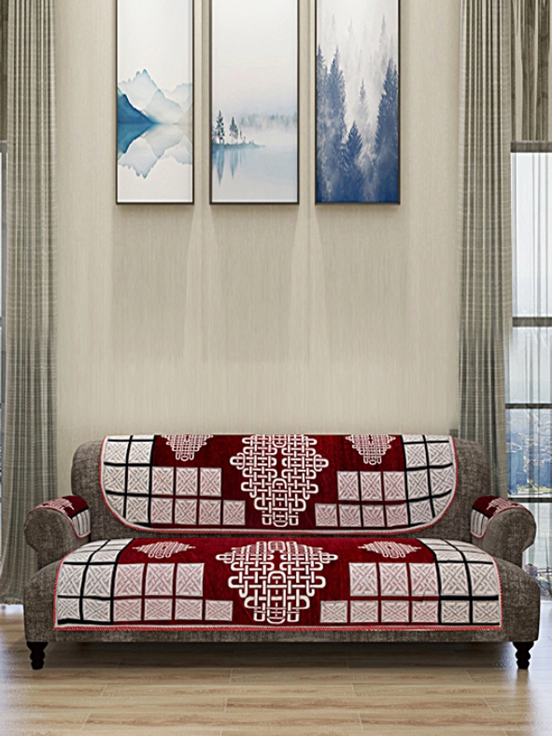 

ROMEE Set Of 12 Maroon & White Self Design 5-Seater Sofa Cover With Arm Covers