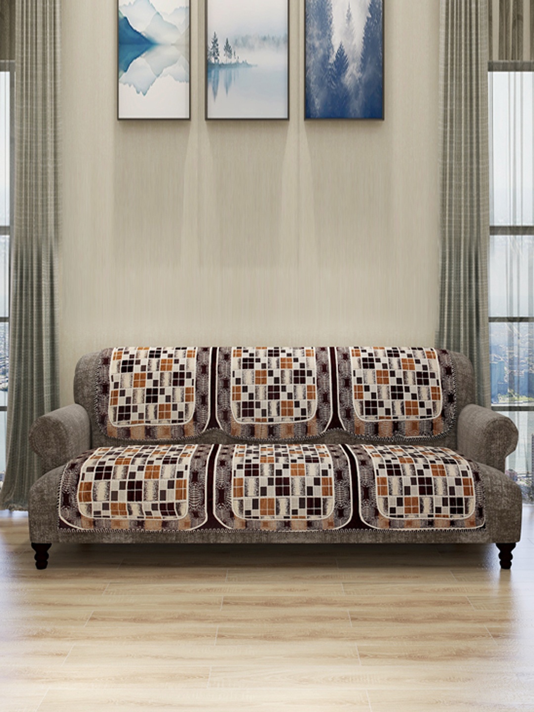 

ROMEE Set Of 6 Beige & Brown Self Design 5-Seater Sofa Cover