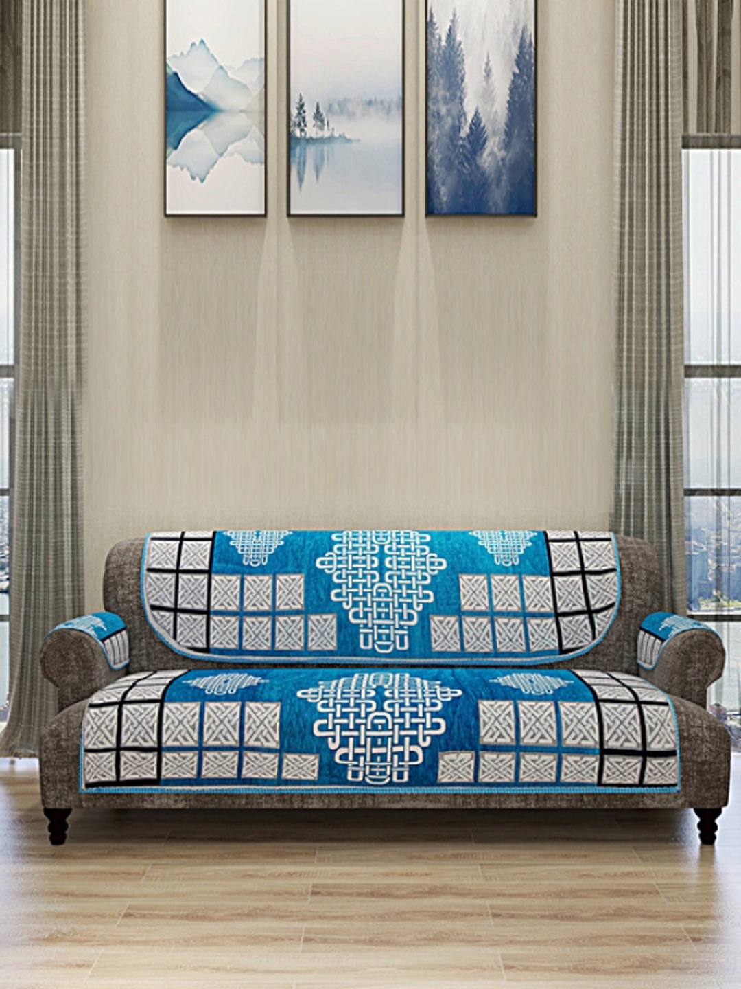 

ROMEE Set Of 12 Turquoise Blue & White Self Design 5-Seater Sofa Cover With 6 Arm Covers