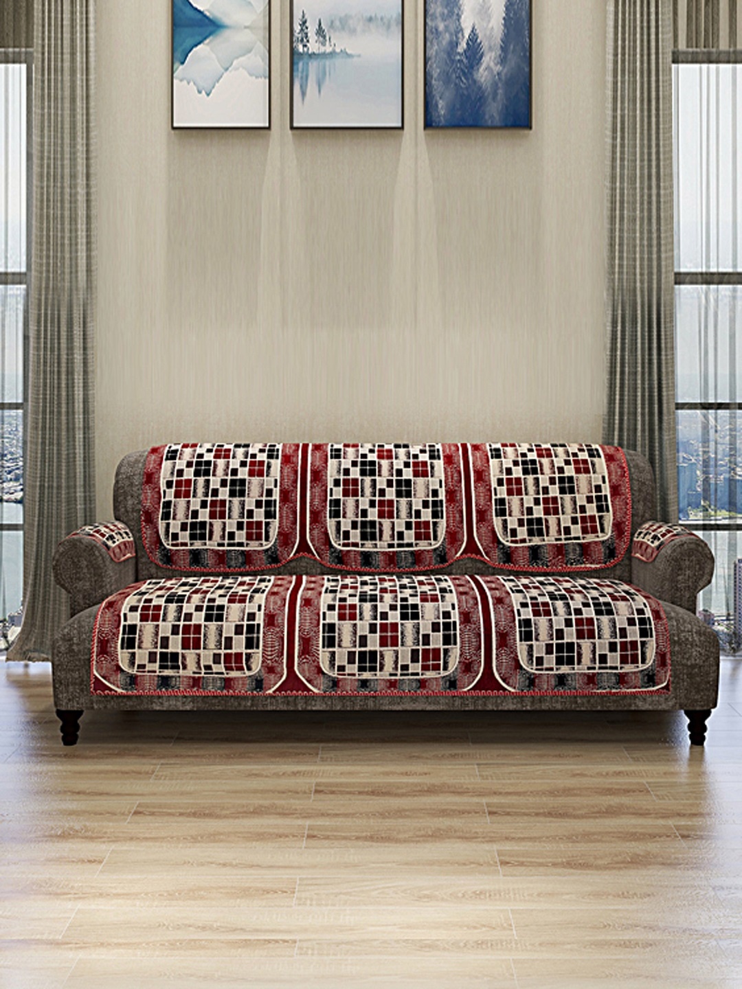 

ROMEE Set Of 12 Beige & Maroon Self Design 5-Seater Sofa Cover With 6 Arm Covers