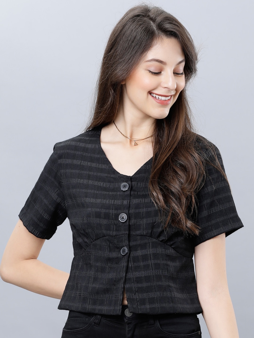 

Tokyo Talkies Women Black Checked Crop Empire Top
