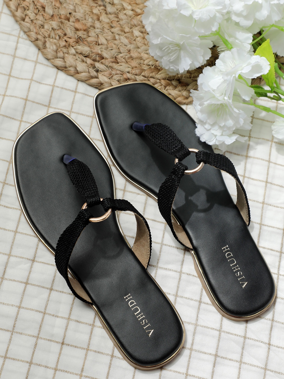 

Vishudh Women Black Solid T-Strap Flats