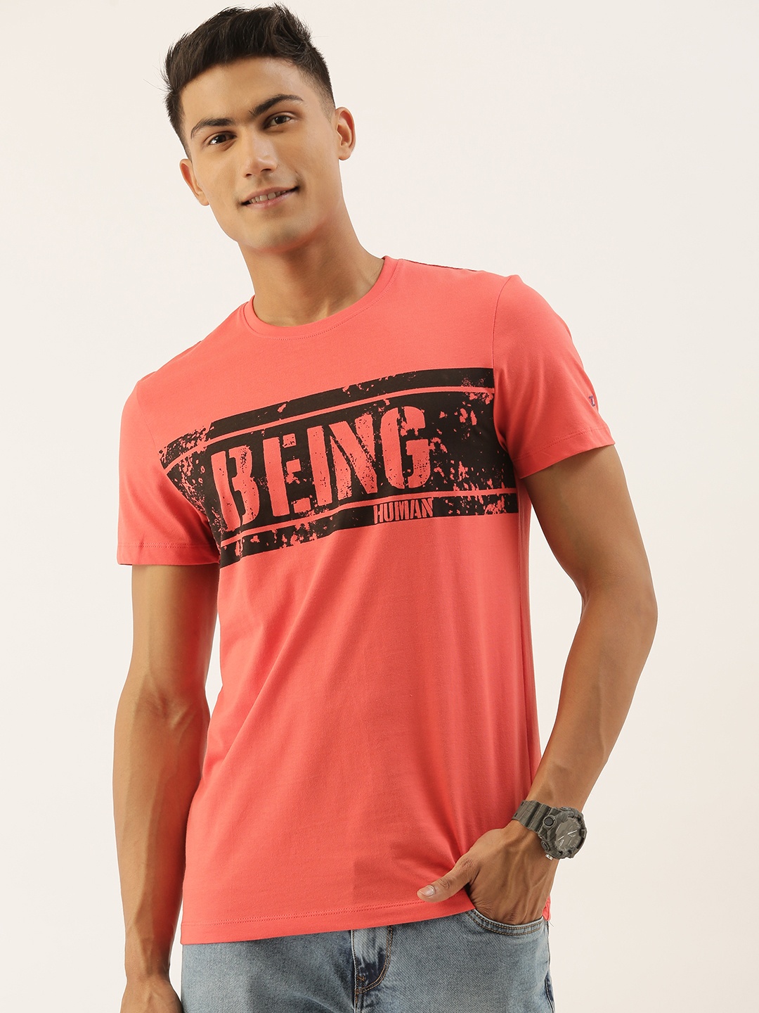 

Being Human Men Pink Printed Round Neck Pure Cotton T-shirt
