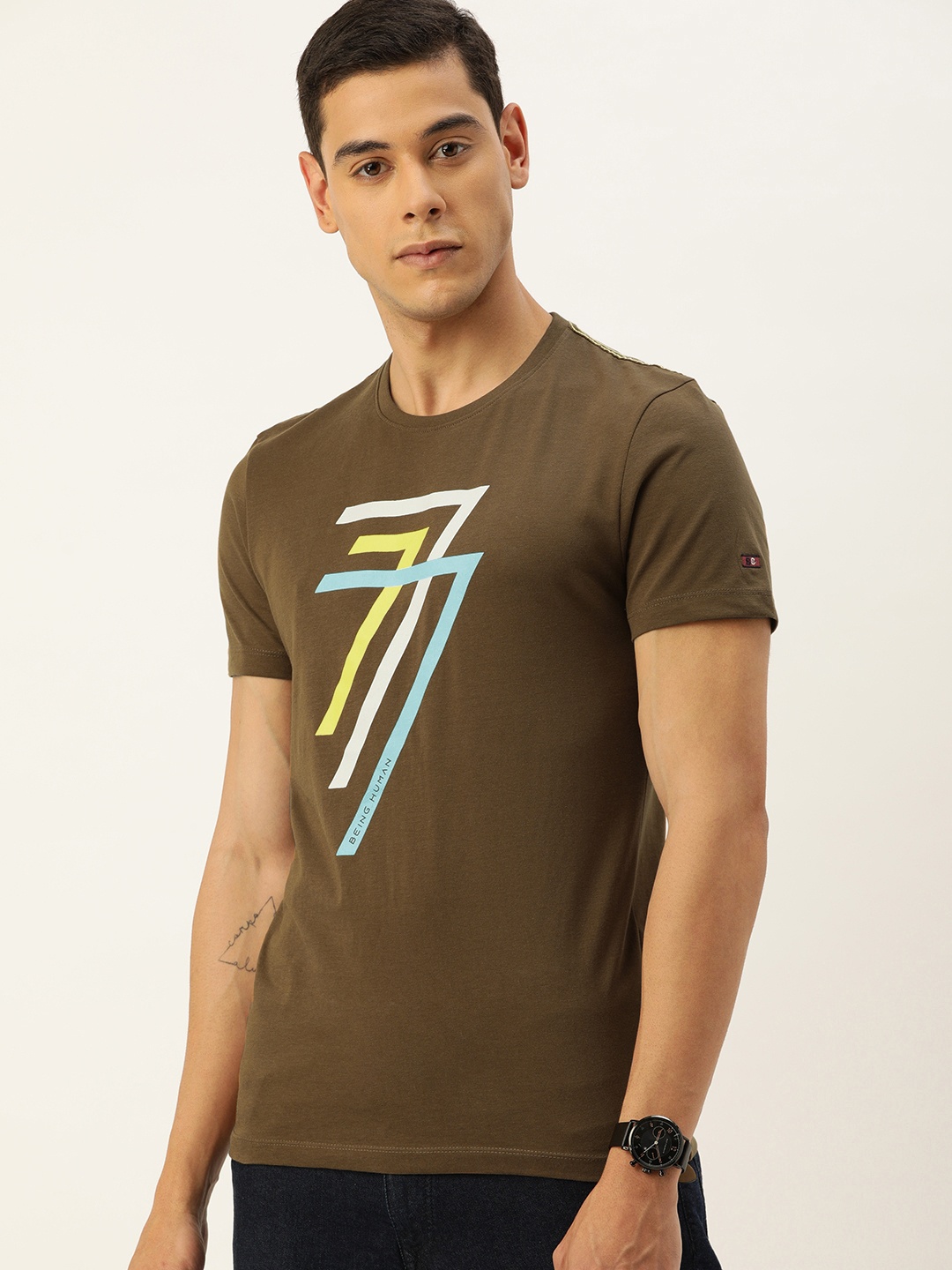 

Being Human Men Brown Printed Round Neck Pure Cotton T-shirt