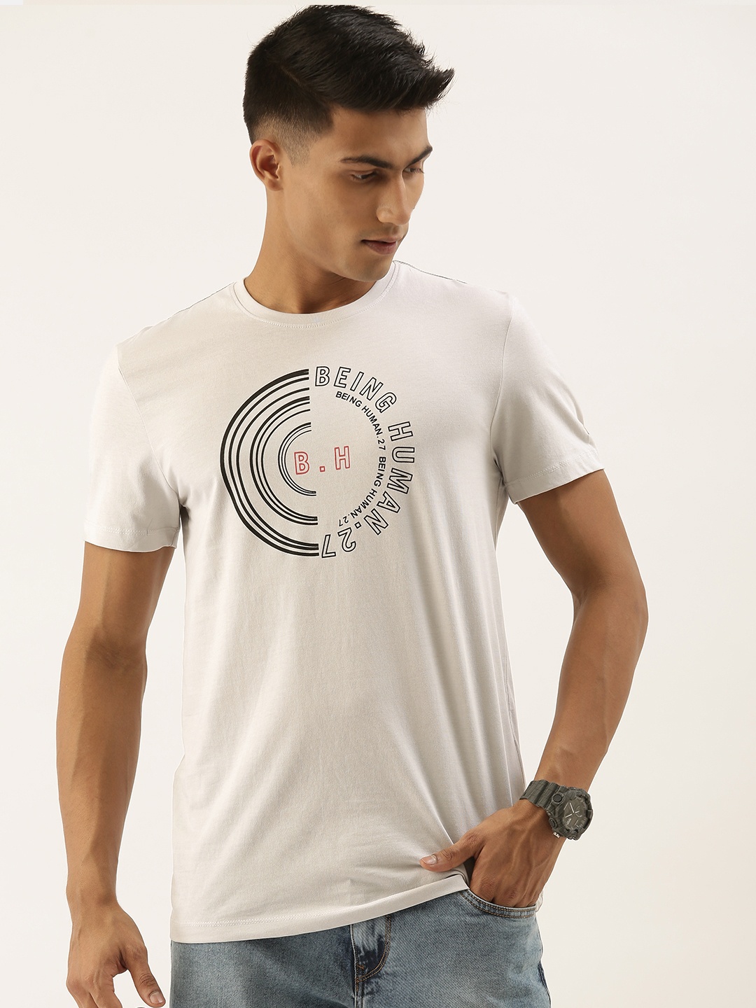 

Being Human Men Grey Printed Round Neck Pure Cotton T-shirt