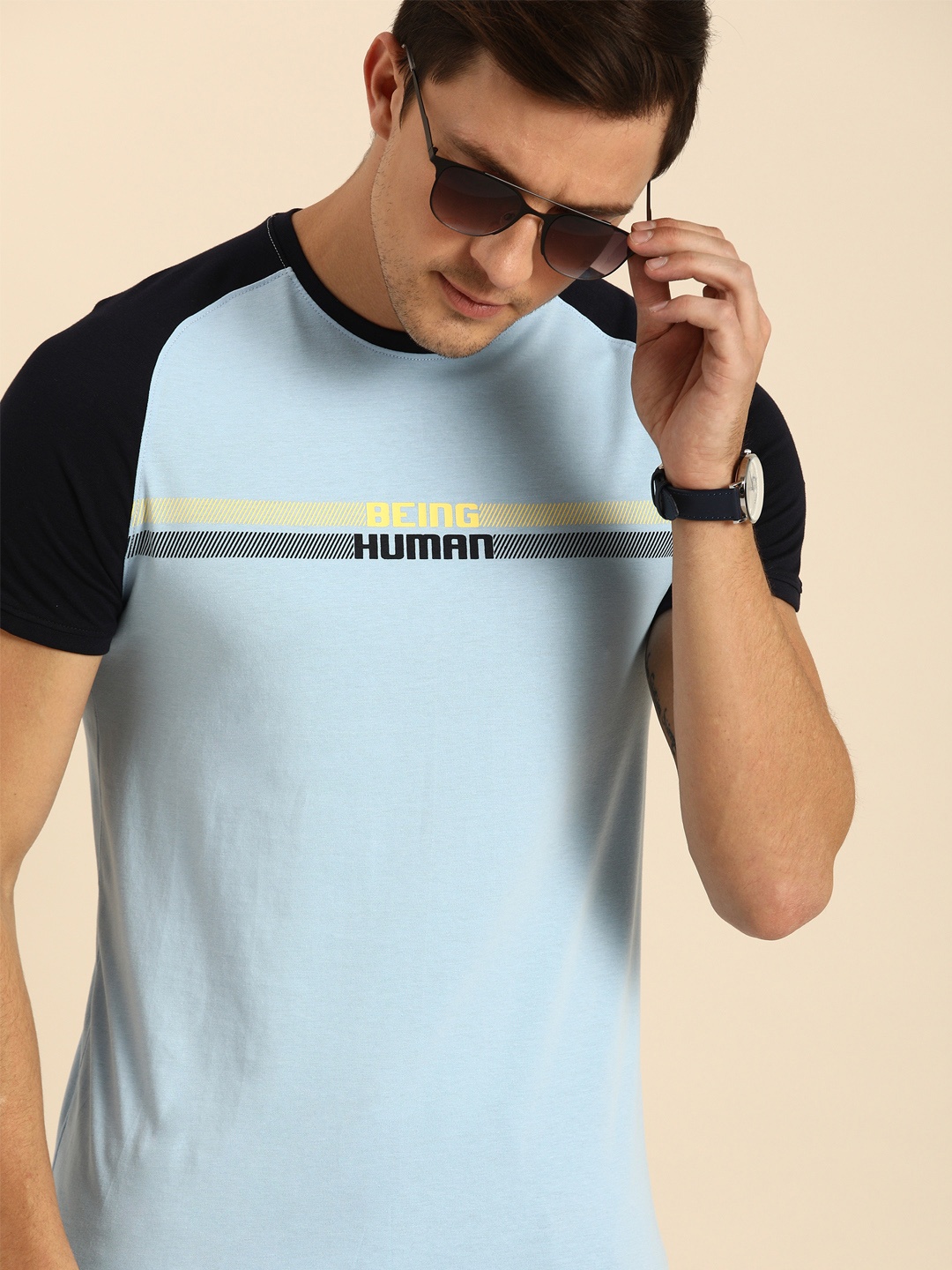 

Being Human Clothing Men Blue Printed Round Neck Pure Cotton T-shirt